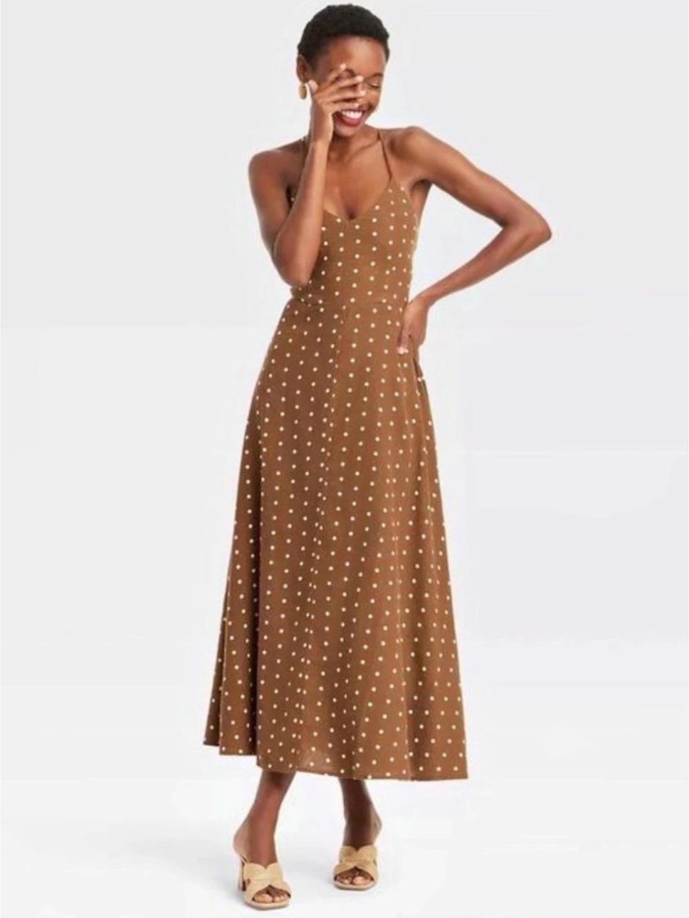 A New Day Linen Blend Polka Dot Midi Dress Brown & White Large
